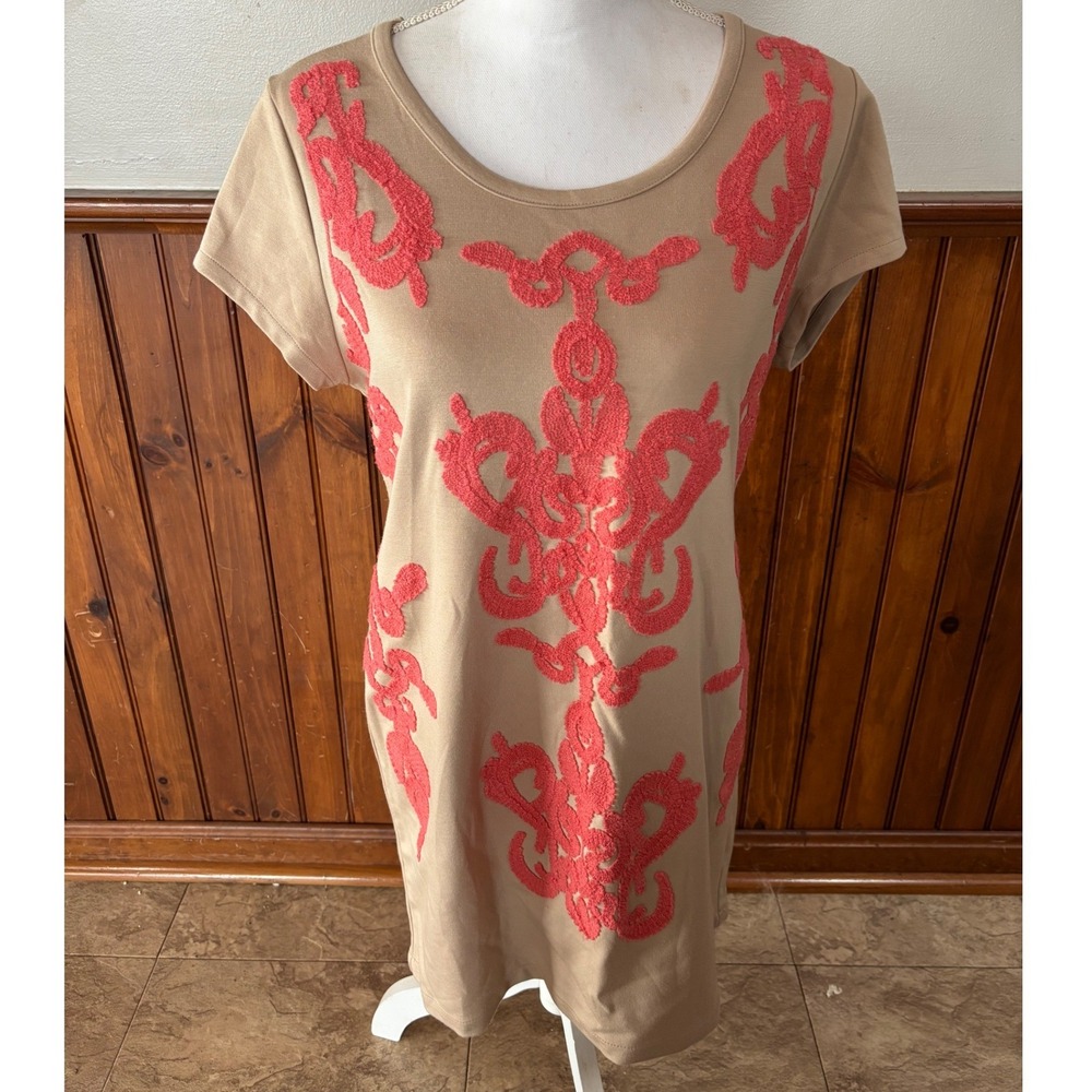 Meadow Rue Anthropologie‎ Tan Tunic Shirt/Dress Red Embroidery Short Sleeve Med